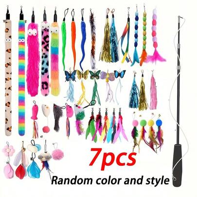 Bộ 7 món đồ chơi tương tác cho mèo, màu sắc và kiểu dáng ngẫu nhiên, bao gồm cần câu có thể thu gọn và nhiều đầu lông vũ nhân tạo thay thế, được thiết kế để giúp mèo trong nhà giải trí và năng động, không cần pin.