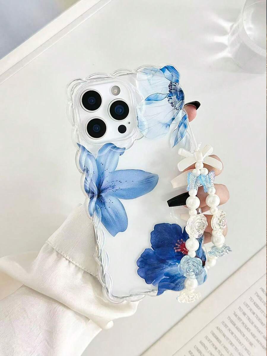 花卉彩绘编织波浪边简约优雅TPU彩绘防震手机壳，搭配手工串珠手链配件，兼容 17 Pro/17 Air/17/17 Pro Max、16/11/16 Pro/16 Plus/16 Pro Max/16 e/15 Pro Max/13/14/12/XS/XR/7G/8 Plus/XR/7/8、15 Pro Max、13、14、11、P12、X、12/14 - 彩色 - 查看 1