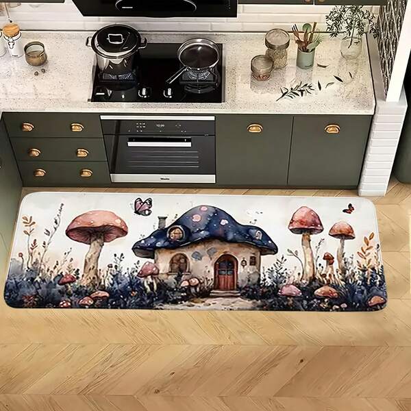 1/2/3pcs Flannel  Set 2/ Kitchen Mat Set, Mushroom Pattern Kitchen Mat, Country Style Home Suitable Non-Slip Washable Floor Mat