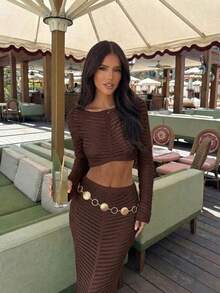 Women's Minimalist Elegant Knit Two Pieces Set, Casual Chic Style, Spring/Summer - Light Coffee - View 6