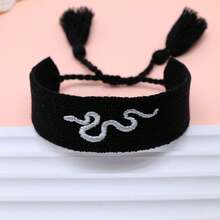 1pc Embroidered Snake Vintage Minimalist Creative Handmade Braided Bracelet, Bohemian Style For Beach, Party, Travel - Black - View 1