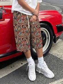 男士酒红色腰果花纹抽绳七分裤，复古美式街头风阔腿裤 - 紅色 - 查看 1