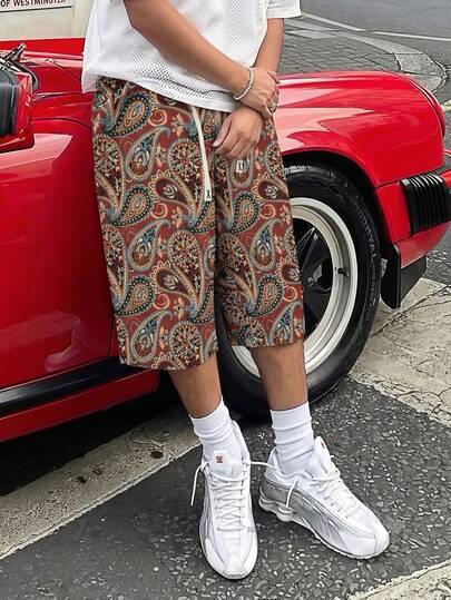 Pantalones 3/4 con cordón y estampado de flor de anacardo burdeos para hombre, pantalones anchos de estilo callejero retro estadounidense