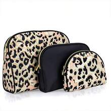 Cosmetic Bag 3 Piece Set Makeup Organizer Toiletry Pouch for Brushes Pencil Case Accessories Travel Girls Gift Idea Black and Leopard - como en la foto - Ver 2