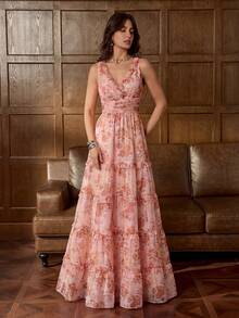 Faeriesty Elegant V-Neck Backless Tie-Up Bohemian Style Maxi Dress For Women, With Ruffle Hem And Ditsy Floral, A-Line Flowy Beach Dress, Suitable For Daily Wear, Weekend Outings, Beach Vacations, Park Strolls And City Walks Party Summer - Coral Pink - View 1