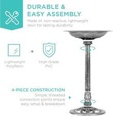 Antique Silver Polyresin Pedestal Bird Bath, 20"X28" Weather Resistant Fillable Stable Birdbath With Fleur-De-Lis Decor, 0.8 Gallon Outdoor Garden Lawn Patio Wild Bird Sanctuary - A - Xem 5