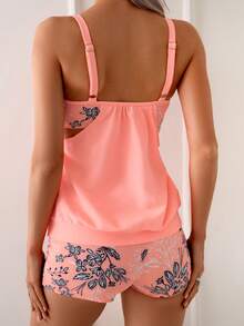 Women's Casual Scoop Neck Tankini Set With Floral Print Shorts, High Stretch Knitted Fabric Two Piece Swimwear For Summer Outfits - Màu Cam san hô - Xem 2
