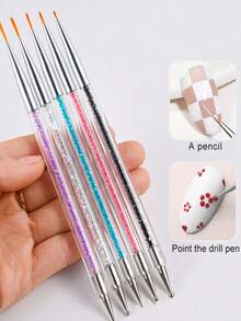 5 piezas Cepillo de línea de arte de uñas de doble extremo, bolígrafo de punteado, herramientas de perforación de rhinestone, dibujo y punteado - Multicolor - Ver 2
