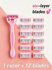 6-Layer Women's Shaving Razor, 6/12/18/24/36 Pcs Blades, Safety Razor For Women, Suitable For Intimate Areas, Armpits, Legs, Shaving Tool, Facial Care, Travel Essential - 1 Handle + 12 Blades - View 12