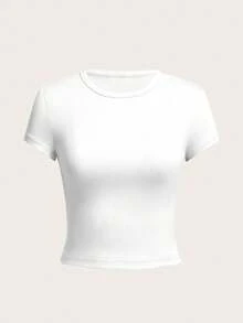 Women's Summer New Simple Design White Casual Round Neck Short Sleeve T-Shirt, Fashionable Versatile Suitable For Women's Tops - White - View 5
