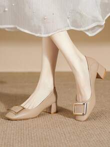 HanDuEke 大码女士方头粗跟一脚蹬平底鞋，舒适软底方扣办公鞋，卡其色 - 卡其色 - 查看 3