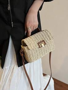 Fashionable Retro Personalized Straw Handbag, Versatile For Outings, Beach, Shoulder Crossbody Mini Square Bag - Beige - View 6