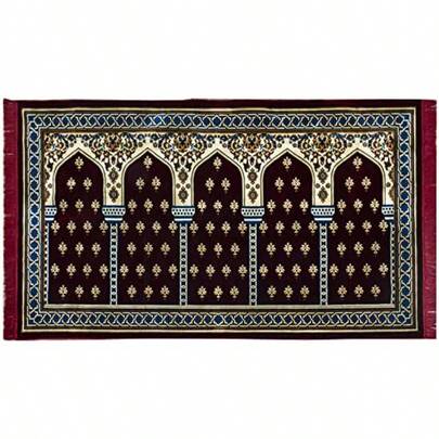 Turkish Islamic Prayer Rug - Multi Person Janamaz Sajada For Family Or Large Gathering And Group Praying Carpet - Wide Plush Veet Praying Mat Mihrab Red - 5 Person