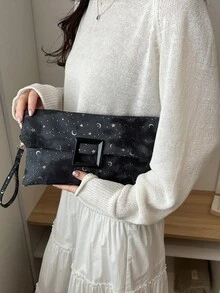 Hevel 女士信封手拿包，小方手提包，星月图案 - 黑色 - 查看 6