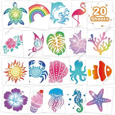  Hình xăm tạm thời lấp lánh FTVLTAT – 20 tờ, màu sắc rực rỡ, chống thấm nước, chủ đề bãi biển và đại dương mùa hè, hoa nhiệt đới và sinh vật biển, sứa và sao biển, hoàn hảo cho các bữa tiệc bãi biển, kỳ nghỉ và trang trí hàng ngày mùa hè, hình dán cơ thể lấp lánh lâu trôi.