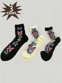 3 Pairs Women's Crystal Silk Mid-Calf Socks, Creative Butterfly Pattern Design, Fashionable, Breathable, Moisture-Wicking, Suitable For Daily Wear, Holidays, Gifts - Multicolor - View 2