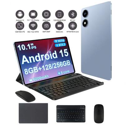  Qetupa Z15 10.1英寸安卓平板电脑，配备保护套、键盘和鼠标，搭载MTK8788八核2.0GHz处理器，8GB RAM + 128/256GB ROM（支持1TB SD卡扩展），1280*800高清IPS触控屏，500万像素前置摄像头 + 800万像素后置摄像头，6000mAh电池，支持802.11ax Wi-Fi 6、蓝牙5.2、GPS，配备Type-C充电接口。不支持SIM卡。不含充电器。——成人平板电脑，商务平板电脑