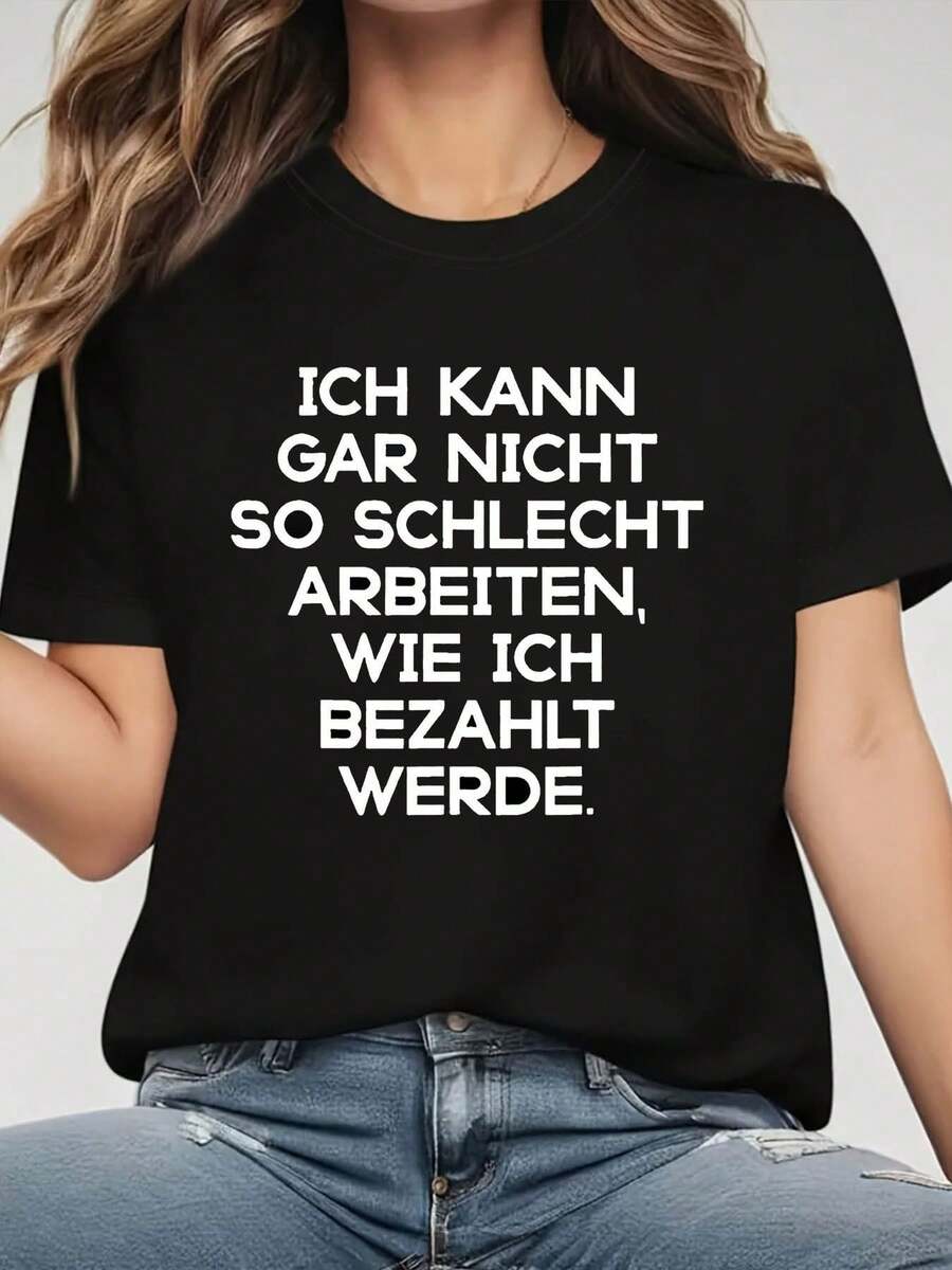 Round Neck T-Shirt With Humorous Work Phrase Print, Ironic Style For Everyday Life - Black - View 1