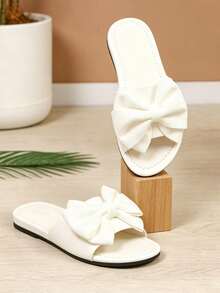1 Pair Plus Size Women's Flat Slippers, Solid Color Silk Bow Sparkling Rhinestone Round Toe Cute Roman Style Sandals, Suitable For Vacation, Casual, Party, Summer Beach - White - View 7