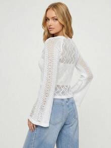Women's Elegant Hollow Mesh Long Sleeve Beach Cover Up Cardigan Spring White - White - View 9