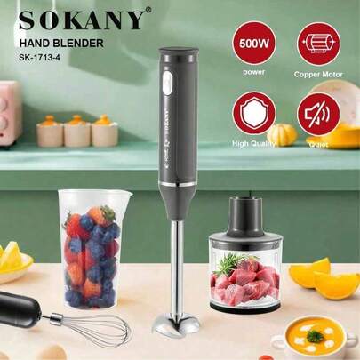 SOKANY 4'ü 1 Arada Çok Fonksiyonlu Elektrikli Mikser, 500W Yüksek Güç, 2 Hız Ayarı, Çıkarılabilir Taban. Ana Ünite, Karıştırma Mili, Çırpıcı, Et Kıyma Kabı ve Öğütme Kabı İçerir. Çırpma, Et Karıştırma, Bebek Maması Hazırlama ve Meyve Suyu Sıkma İçin Uygundur. Ev ve Otel Kullanımı İçin Çırpıcı Olarak, Ayrıca Meyve ve Gıda Takviyeleri İçin İdealdir.