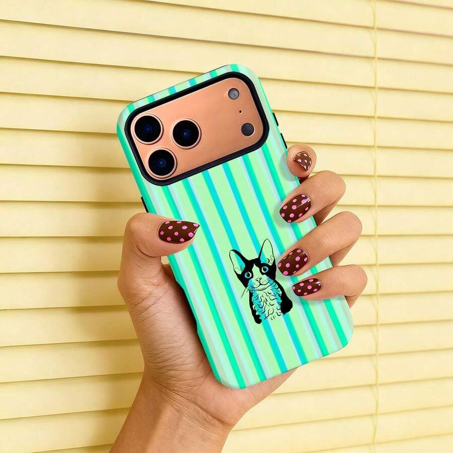 Green Striped Cute Cat Unique Dual-Layer Phone Protective Case, Durable, Dual-Layer Design Provides Premium Protection, Anti-Fall And Shock-Proof, Suitable For IPhone 17 16e 16 15 14 13 12 11 8 7 X XS XR Plus Pro Max Mini SE2 SE3 And Other Models, Birthday Gift - Multicolor - View 1