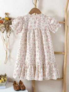 Vestido corto de verano con estampado floral pequeño, cuello redondo, manga corta y hombros regulares, estilo francés elegante y suelto para niña - Beis - Ver 3