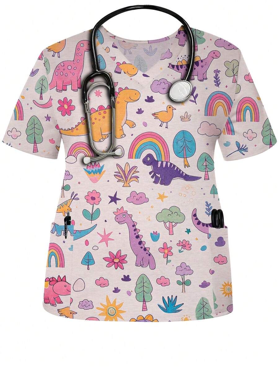 Comfortable Plus Size V-Neck Short Sleeve Nurse Uniform Top With Dinosaur And Rainbow Print - Multicolor - View 1