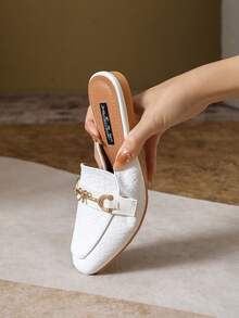Mengshangli Elegant Plaid Bohemian Flat Mule Slippers, Metallic Accent, Suitable For Office, Party, Spring/Summer - White - View 6
