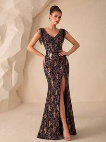 SUPGIR Women's V-Neck Sequin Splice Flared Sleeve Fitted Chiffon Elegant Evening Dress - Black - View 4