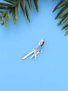 HuooNew 1pc 925 Sterling Silver Scissors & Comb Pendant, Hairstylist Tool Charm, Suitable For Bracelet, Cute Hairstylist Jewelry Gift - Silver - View 3