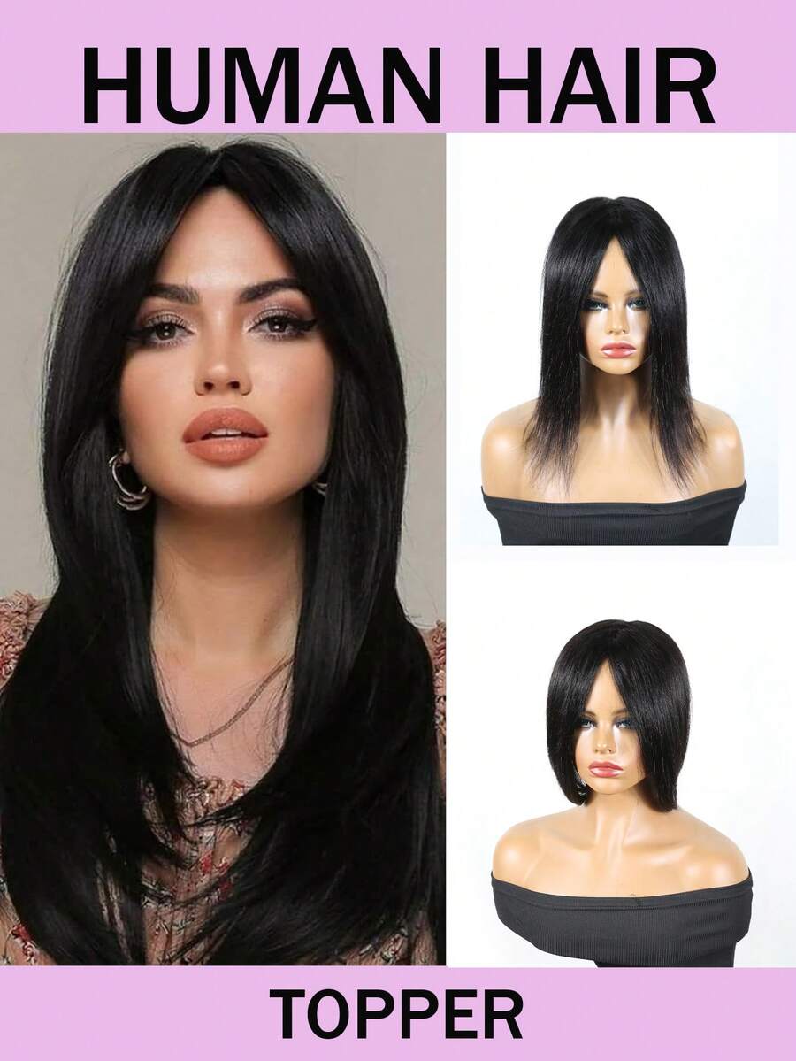 Straight Human Hair Topper For Women 10 Inch Length Real Human Hair 5.5x5 Inch Machine Made Inner Net Glueless Machine Made Clip-In Toppers Versatile Styling For Hair Loss & Volume Boost Natural Black(1B) - Natural Black - View 1