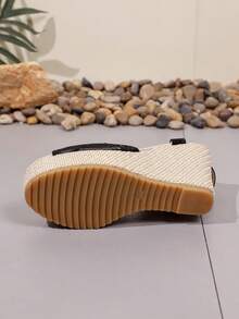 Woven Platform Slide Sandals For Women, Summer Outdoor Wear, White Strap Design Thick Bottom Waterproof Wedge Strap Beach Shoes - Black - View 3