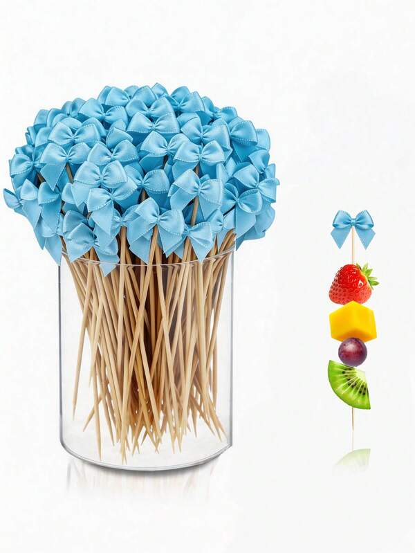 50pcs Blue Bow Bamboo Skewers, Elegant Bow Bamboo Picks, Suitable For Appetizers, Drinks, Birthday Parties, Bachelor Parties, Bridal Showers And Bow-Themed Parties Decoration