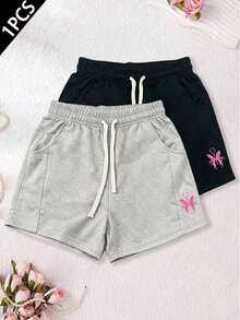 1件女款刺繡蝴蝶圖案短褲，輕量夏季款，寬鬆百搭，適合居家或戶外運動穿著 - 淺灰色 - 查看 5