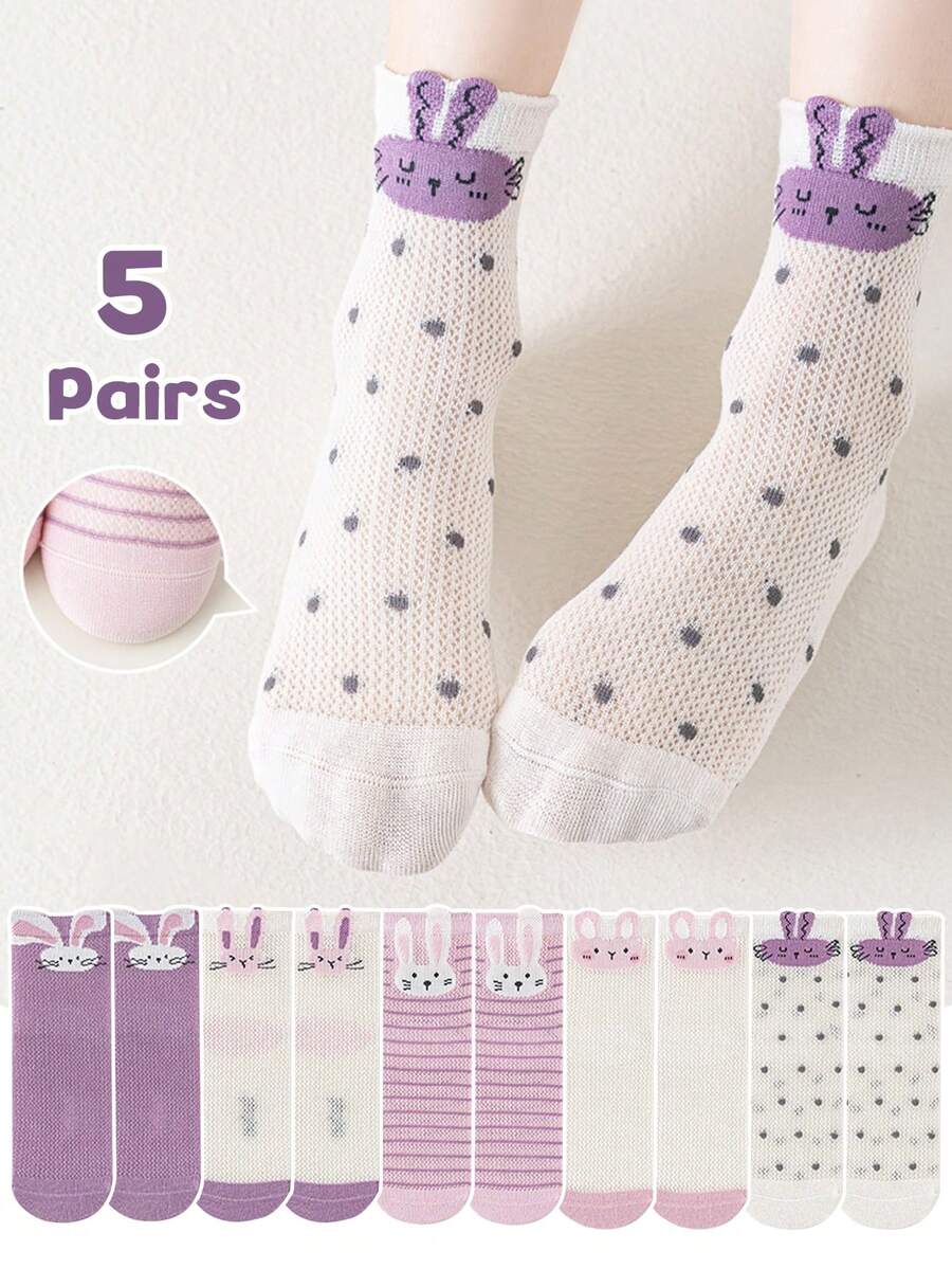 5 Pairs Kids Socks, Cartoon Polka Dot & Striped Rabbit Pattern Girls Toddler Knee-High Socks, Versatile Purple Tone, Suitable For Casual Daily Wear - Multicolor - View 1