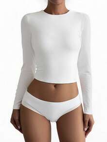 Muse Moon Women's Summer Casual Solid Color Knit Tight Crew Neck Long Sleeve Top, Suitable For Fitness, Leisure, Versatile, Minimalist Casual Daily Wear - White - View 8