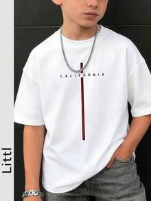 Boys' Casual Street Graphic T-Shirt, California Cross Line Letter Print, Loose Fit Round Neck Short Sleeve, Breathable Cotton Comfortable Daily Wear - White - View 2