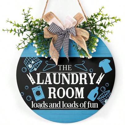 Laundry Room Loads Of Fun Front Door Sign Cute Funny Wreaths Hanging Wooden Plaque Decoration Round Rustic Farmhouse Washroom Wall Art Decor Home Porch Laundry Room All Seasons 12x12 Inch