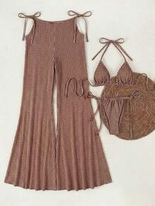 咖啡色格子露背比基尼三件套，网纱阔腿罩衫，性感度假风泳装 - 彩色 - 查看 3