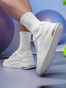 Men's White Fashion Low-Top Sneakers, Minimalist Leather Design With Contrast Stitching And Text-Imprinted EVA Platform - 白色 - 查看 5