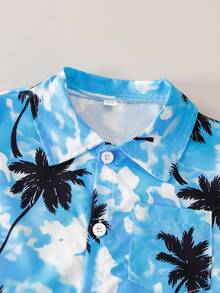 Set de 2 piezas de camisa de manga corta con estampado de árbol de coco y pantalones cortos casuales para niño, adecuado para vacaciones de verano y uso diario al aire libre - Azul - Ver 6