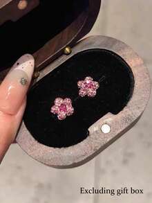 1 par de elegantes pendientes de botón con flores rosas y brillantes de rhinestone, diseño minimalista, versátil, lindo y delicado, adecuado para uso diario, citas y ocasiones casuales - Rosa - Ver 5