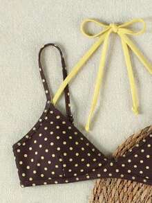 New Spring/Summer Retro Yellow-Brown Polka Dot Splice Color Halter Casual Sexy Elegant Bikini Swimsuit Set, Suitable For Beach, Vacation, Party - Multicolor - View 5