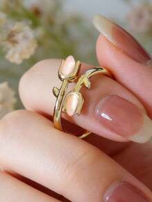 1pc Adjustable Flower Ring, Natural Inspired Design, Romantic Floral Style, Suitable For Party, Daily Wear, Anniversary, Valentine's Day Gift (No Gift Box Included) - 金子 - 查看 5