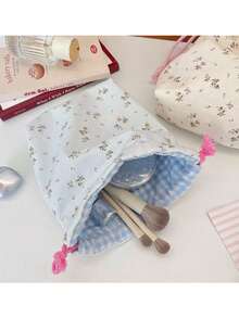 1 pieza Bolsa de viaje con cordón y diseño floral lindo, adecuada para guardar lápiz labial, joyas, productos de cuidado de la piel, brochas de maquillaje, excelente para viajes, baño, dormitorio, gimnasio, vacaciones, también es un regalo de cumpleaños perfecto - Multicolor - Ver 5