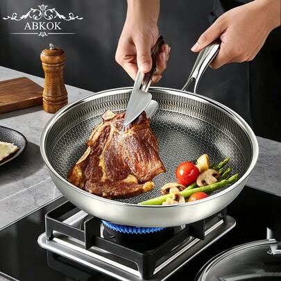 ABKOK 1pc Non-Stick Stainless Steel Frying Pan With Lid - Double Honeycomb Design (26cm/10.24in, 28cm/11.02in). Suitable For All Stovetops. Promotes Healthy Cooking With Low Smoke Emission. Features Even Heat Distribution, Non-Stick Performance, And Double-Sided Honeycomb Flat Bottom Design. Professional-Grade Cookware Suitable For Home And Commercial Use. Easy To Clean And Dishwasher .