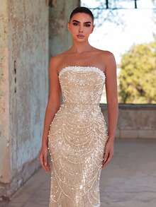 Faeriesty Đầm dạ hội dáng đuôi cá thanh lịch không dây vai dành cho nữ, được trang trí bằng sequin và ngọc trai, kiểu dáng sang trọng, thích hợp cho đám cưới. - Rượu sâm banh - Xem 5