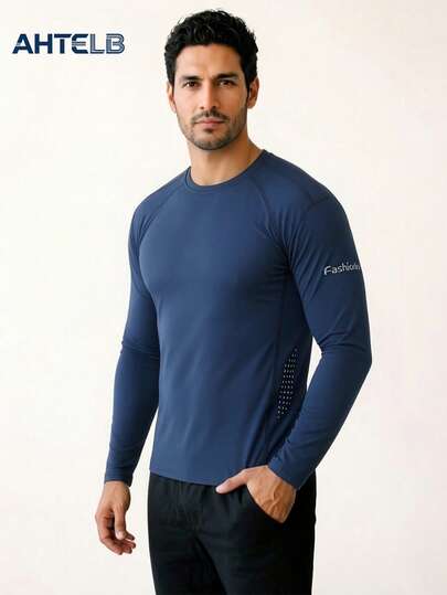  AHTELB Men's Quick Dry Long Sleeve T-Shirt, Breathable Crew Neck Fitness Tee, Outdoor Running Training Stretchy Pullover, Casual Printed Sports Top Suitable For Hiking, Running And Commuting, Mens Clothes
