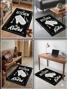 Doodle Style Kitchen Mat - Anti-Slip, Washable Black & White Kitchen Rug with "Happy Kitchen" Graphic Print - Modern Home & Dining Floor Decor 80x200 cm, 80x300 cm,100x200 cm, 120x180 cm - 黑與白 - 查看 2